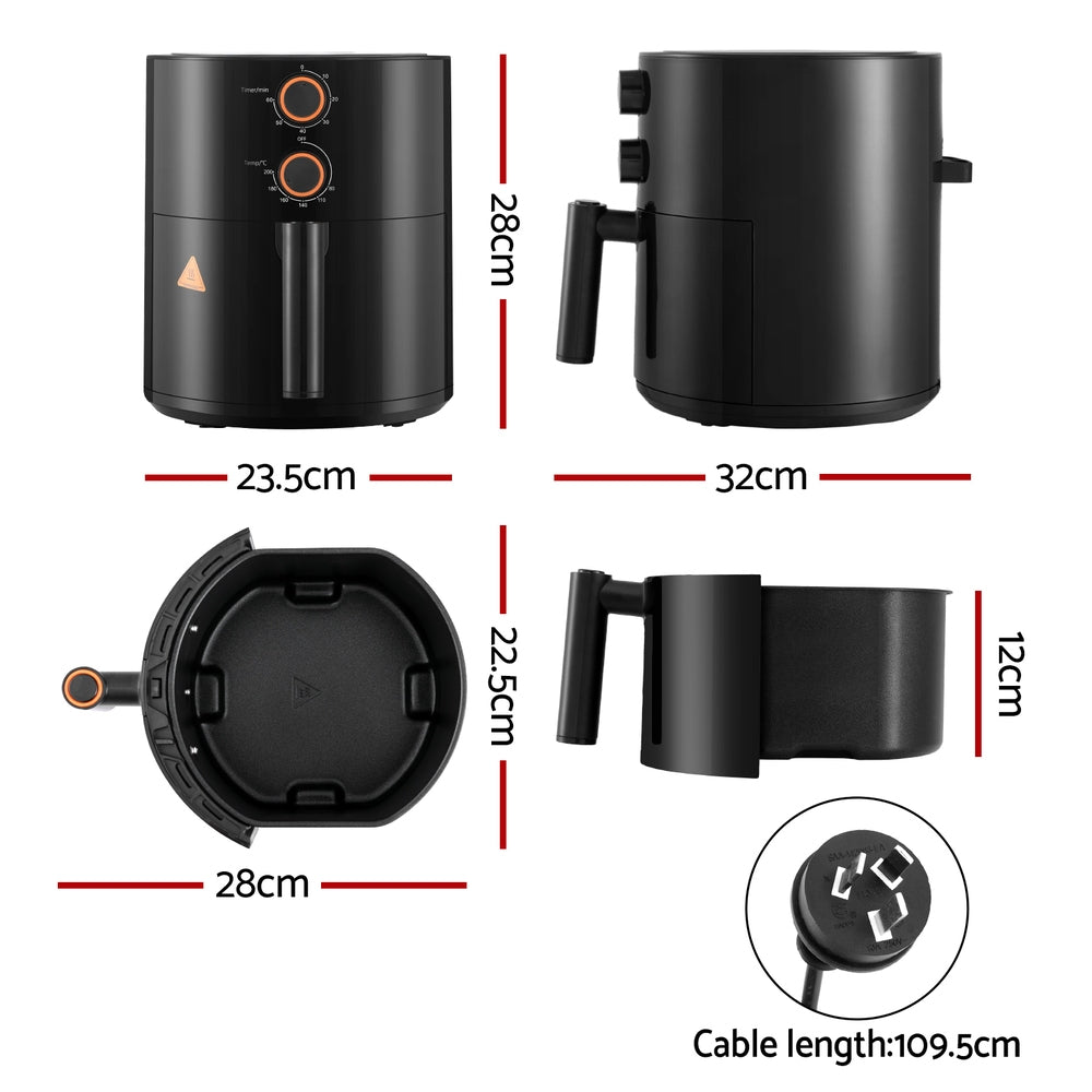 Devanti 4L Air Fryer Knob Control 1500W Black