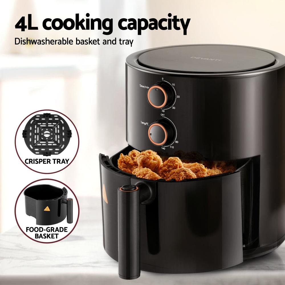 Devanti 4L Air Fryer Knob Control 1500W Black