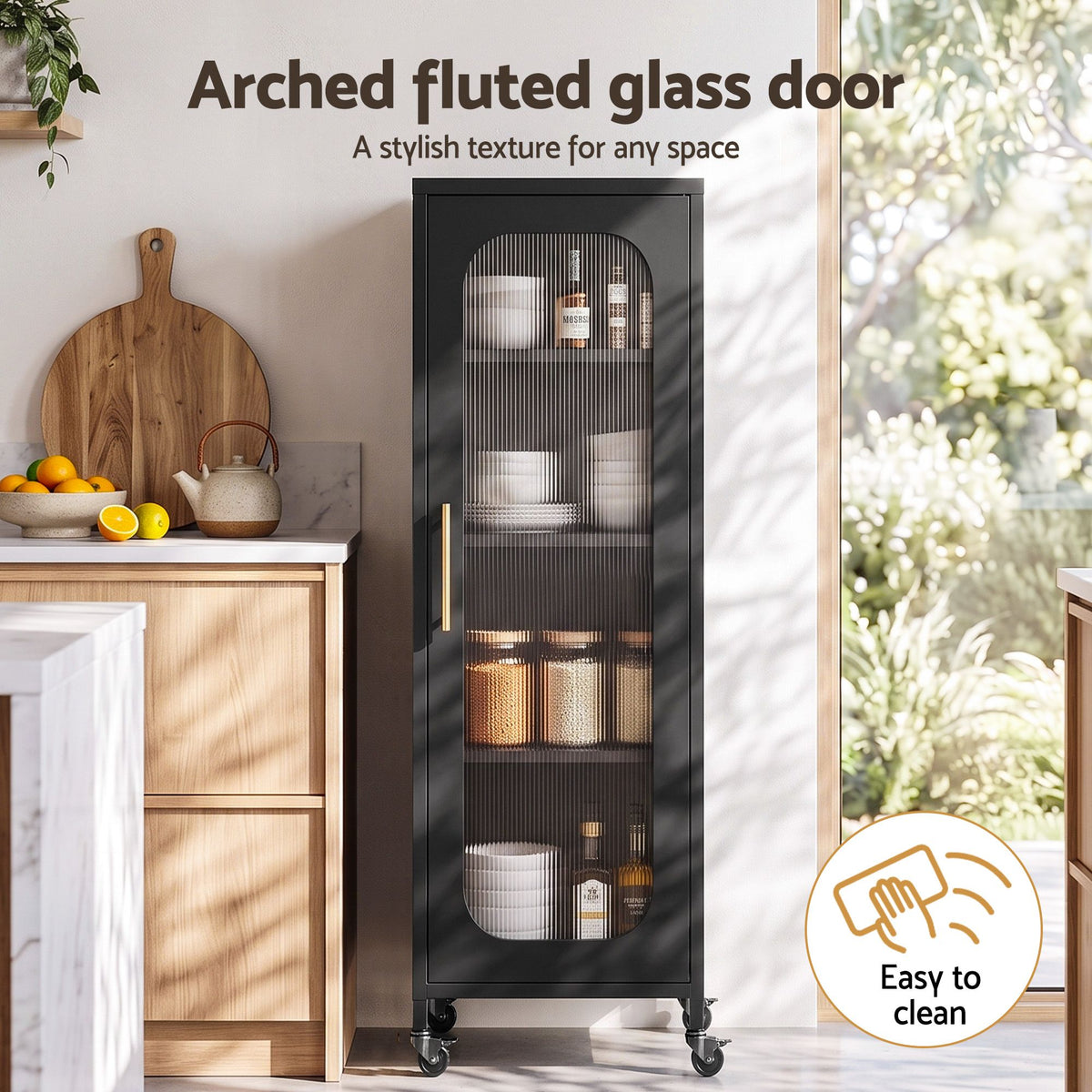 Artiss Buffet Cabinet Sideboard Slim Fluted Kitchen Storage Trolley Wheels Black