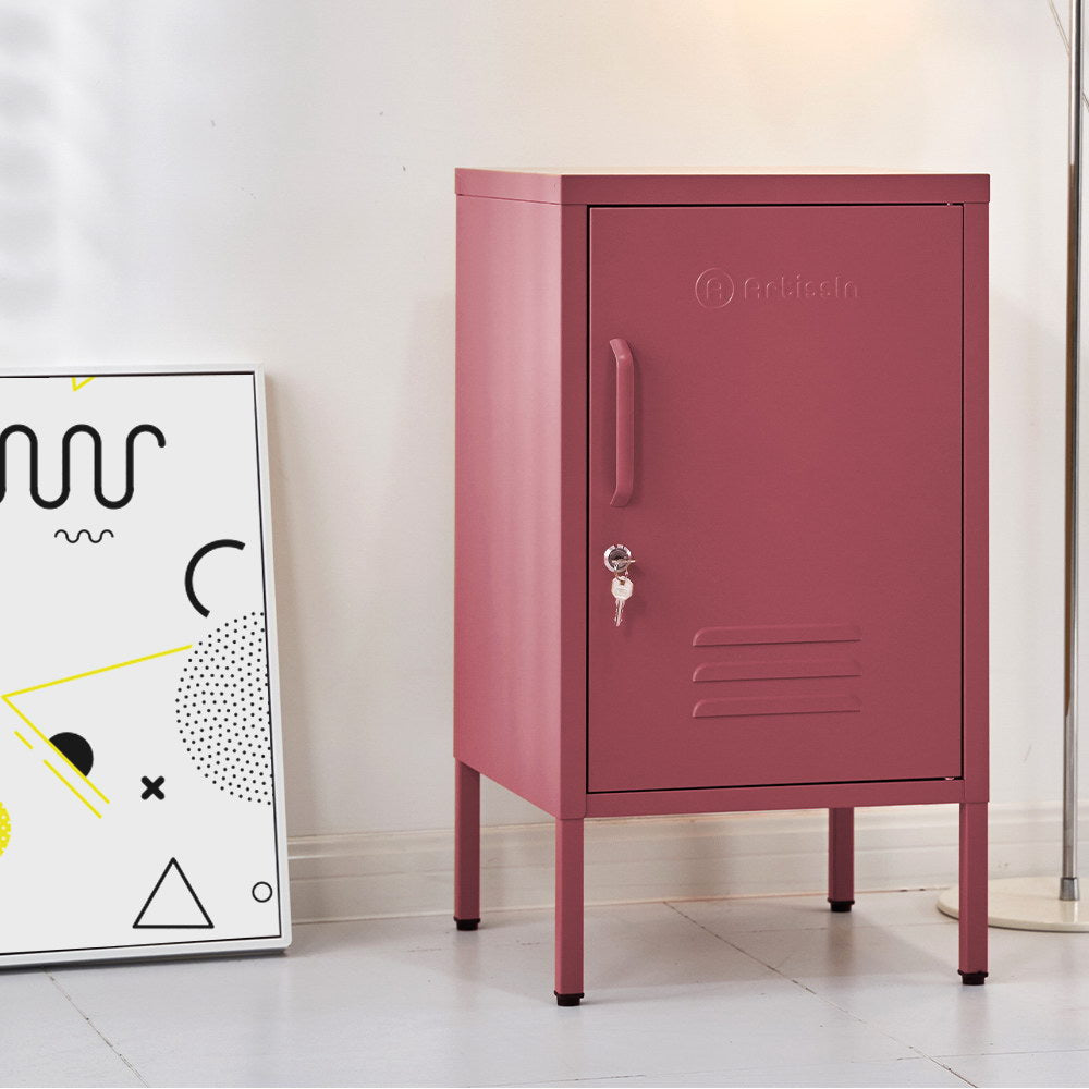 MINI Pink Bedside Table Metal Cabinet Lockable