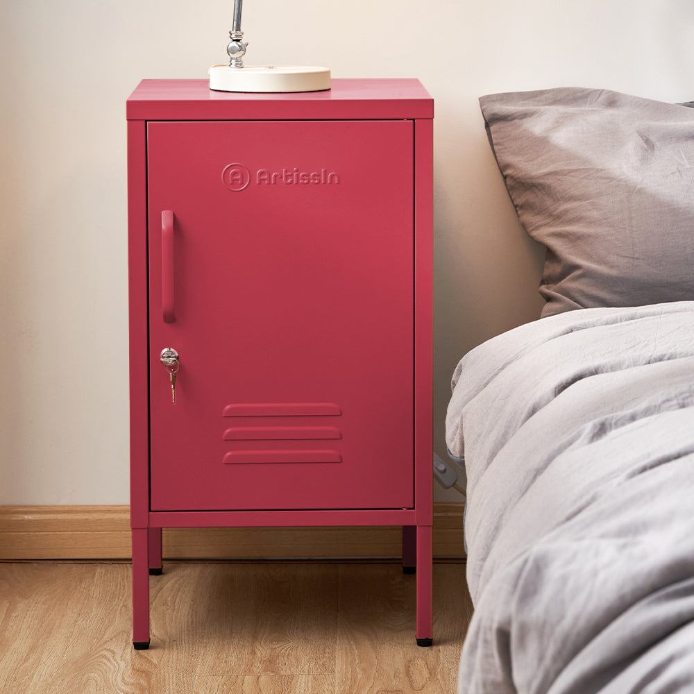 MINI Pink Bedside Table Metal Cabinet Lockable