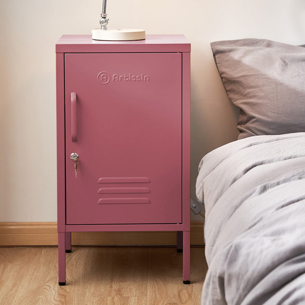 MINI Pink Bedside Table Metal Cabinet Lockable