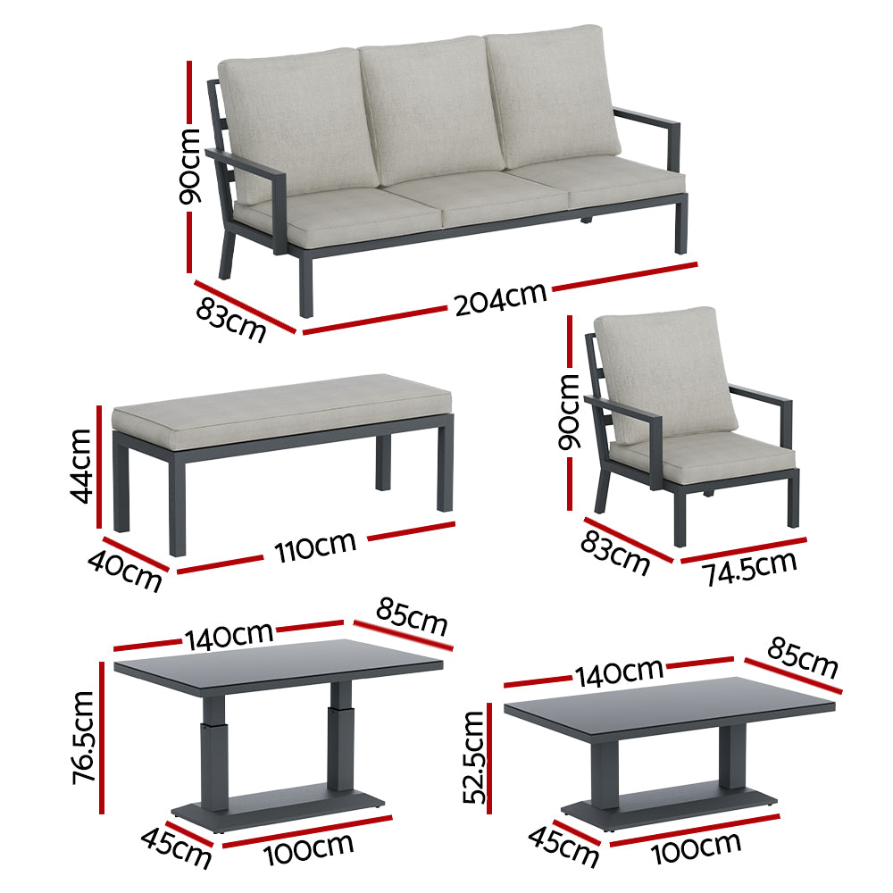 Gardeon 7-Seater Outdoor Lounge Set Aluminium Black/Grey