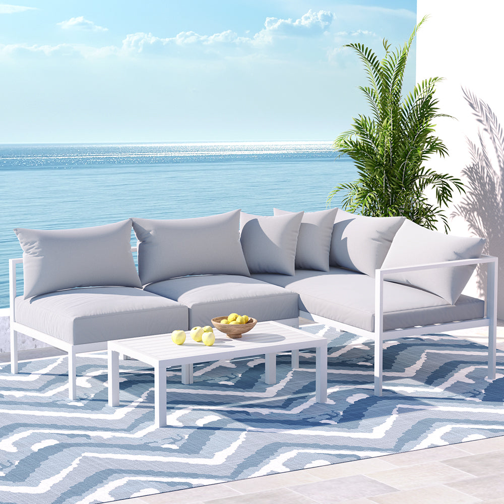 Gardeon 4-Seater Aluminium Outdoor Sofa Set White Grey Cushions