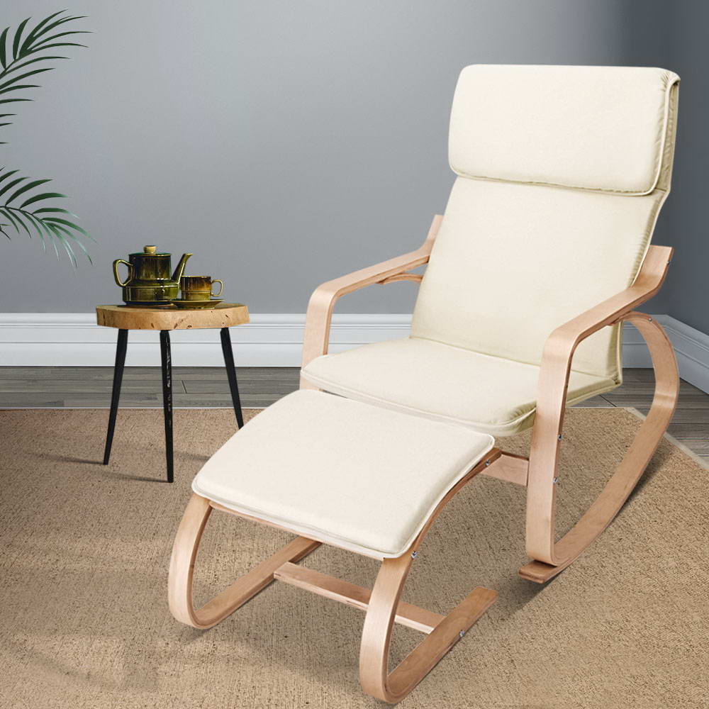 Artiss Bentwood Rocking Armchair Set in Beige with Cotton Cover