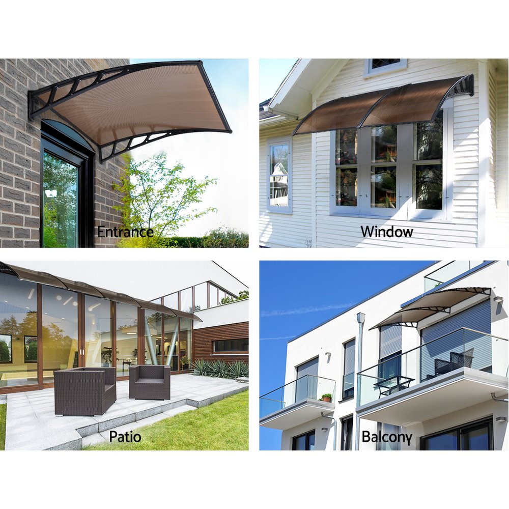 Instahut 1.5x4m Window Door Awning Canopy Brown Panel Black Frame