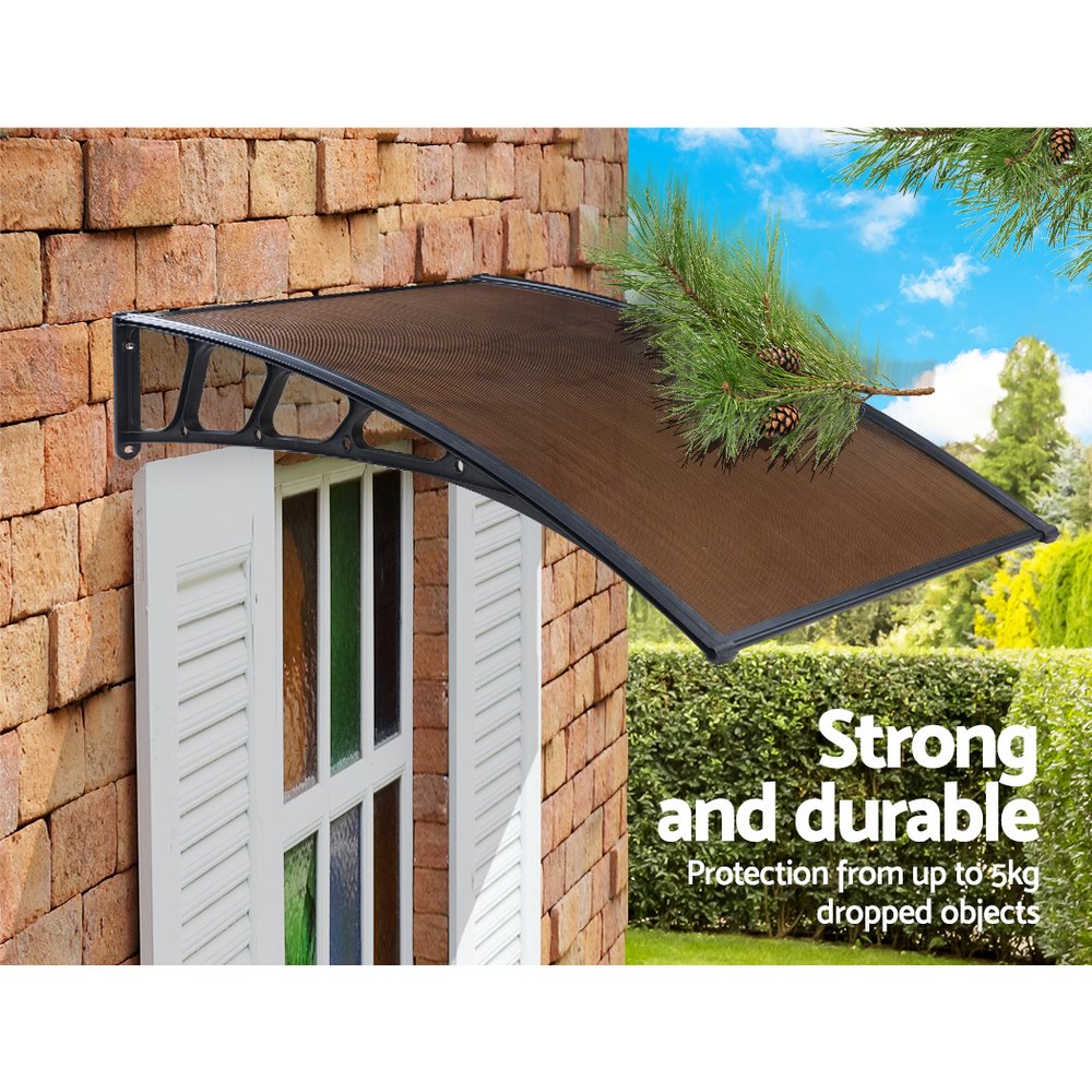 Instahut 1.5x4m Window Door Awning Canopy Brown Panel Black Frame