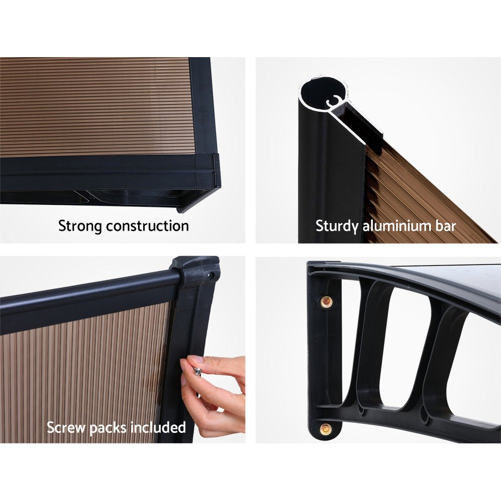 Instahut 1.5x4m Window Door Awning Canopy Brown Panel Black Frame