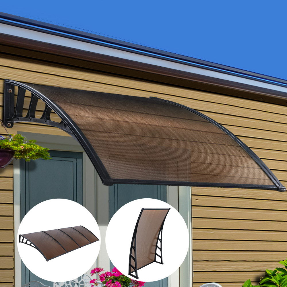 Instahut 1.5x4m Window Door Awning Canopy Brown Panel Black Frame