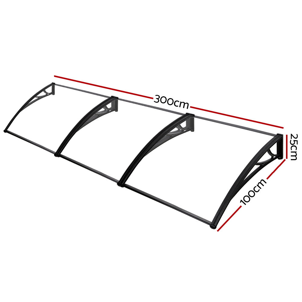 Instahut 1x3m Transparent Polycarbonate Window Door Awning Black Brackets