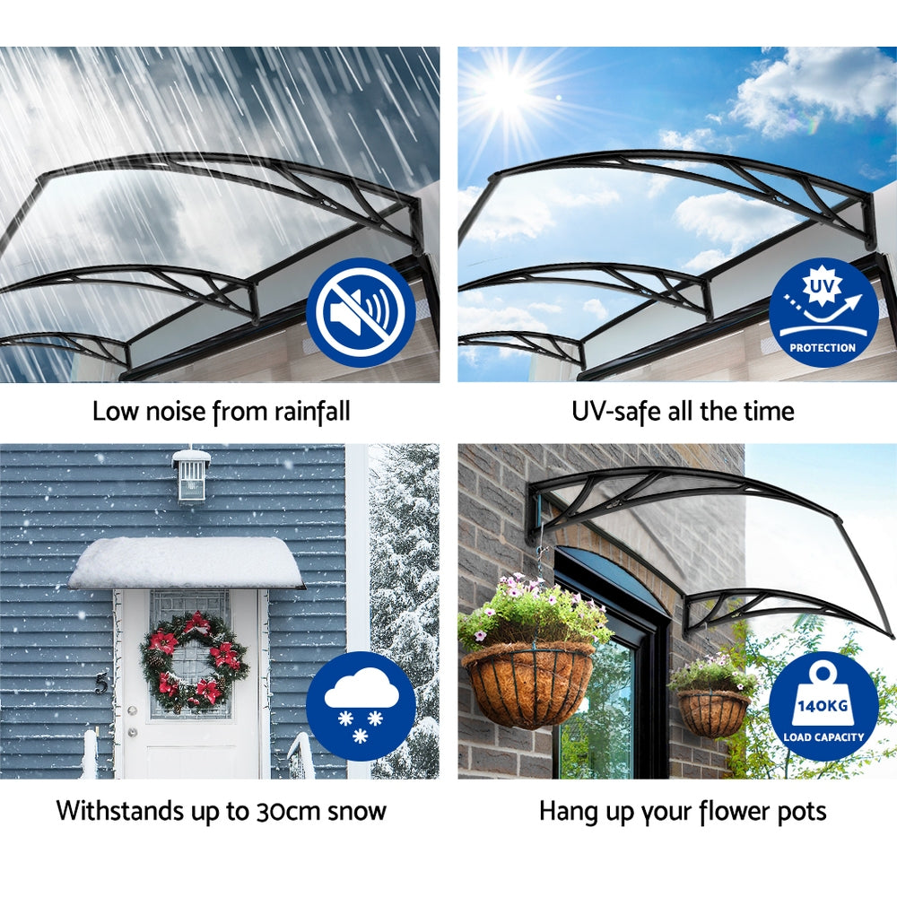 Instahut 1x3m Transparent Polycarbonate Window Door Awning Black Brackets