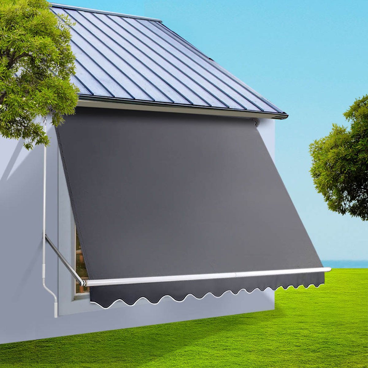 Instahut Motorised Pivot Arm Window Awning 3.1 X 2.1m Grey