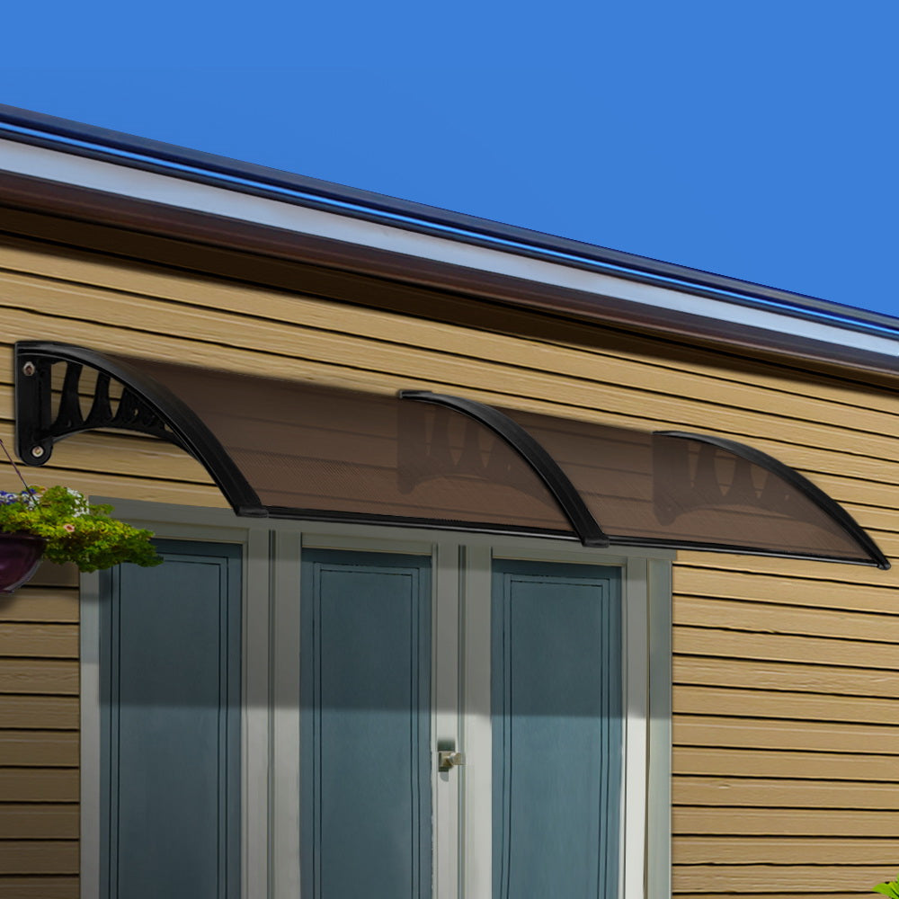 Instahut Door Window Awning 1mx2.4m Brown Hollow Sheet Plastic Frame