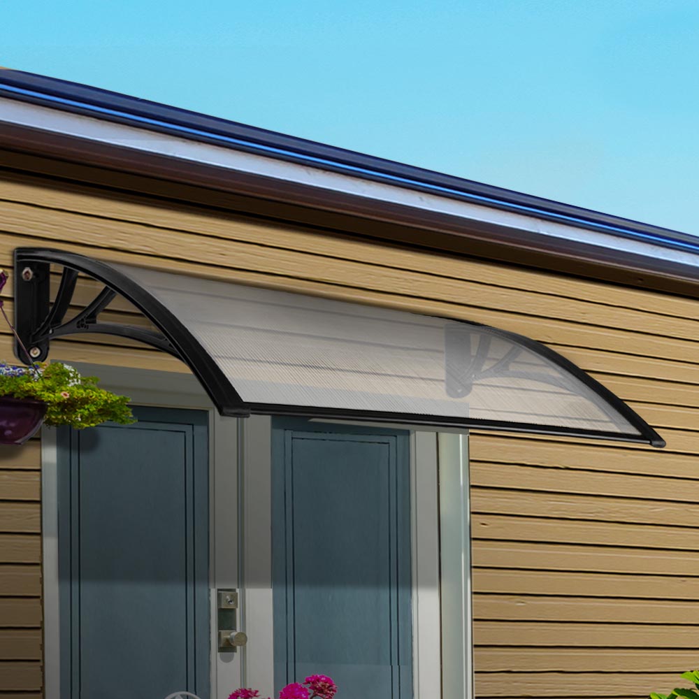 Instahut Window Awning Door Canopy 1m x 4m Transparent Black
