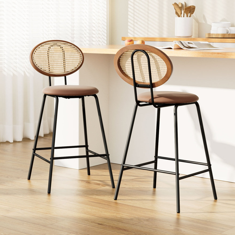 Raye Set of 2 Bar Stools PU Leather Rattan Back Brown