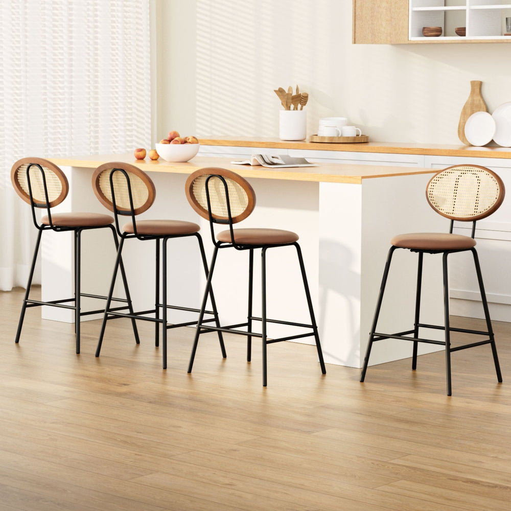 Raye Set of 4 Bar Stools PU Leather Rattan Back Brown