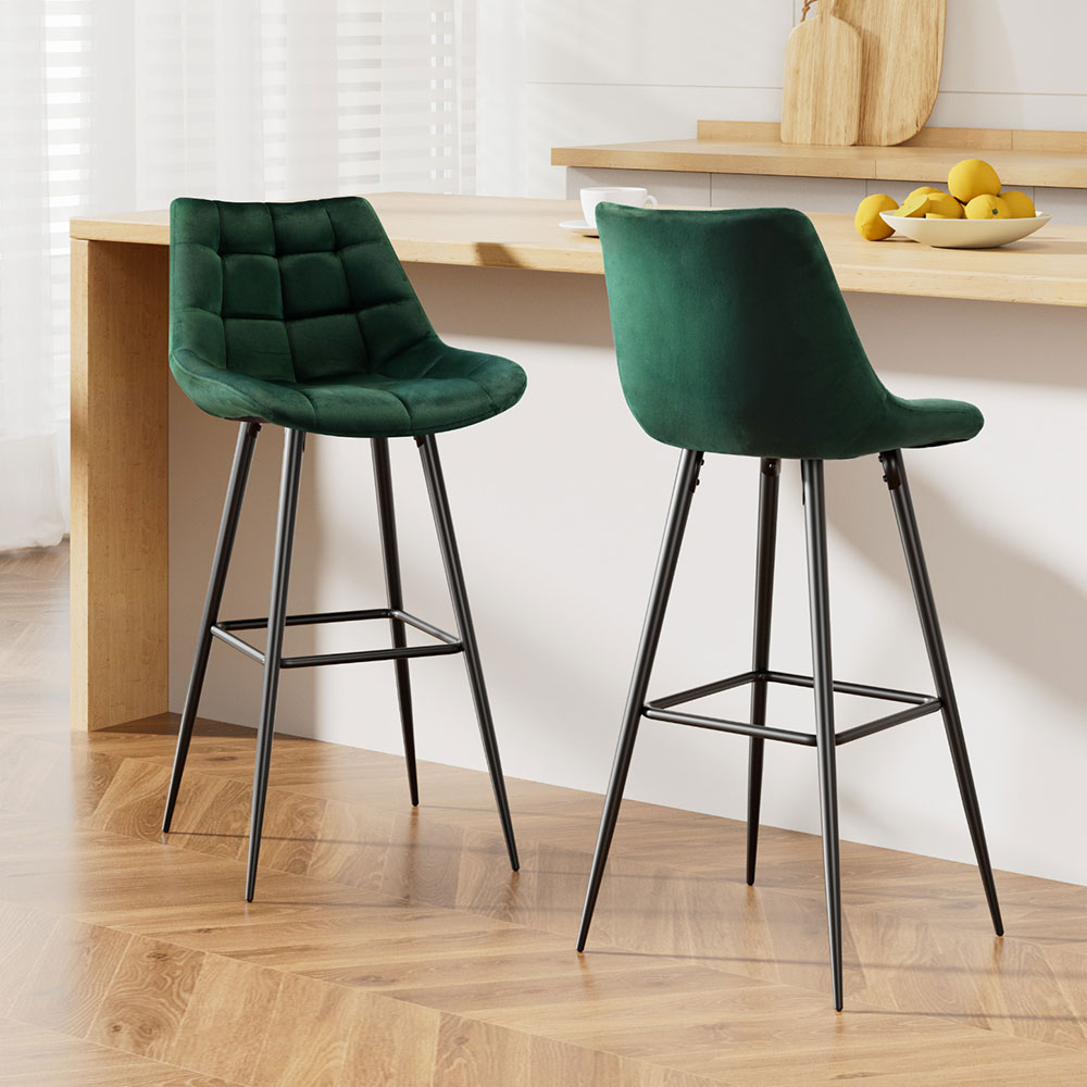 Audrey 2x Velvet Bar Stools Metal Footrest Green