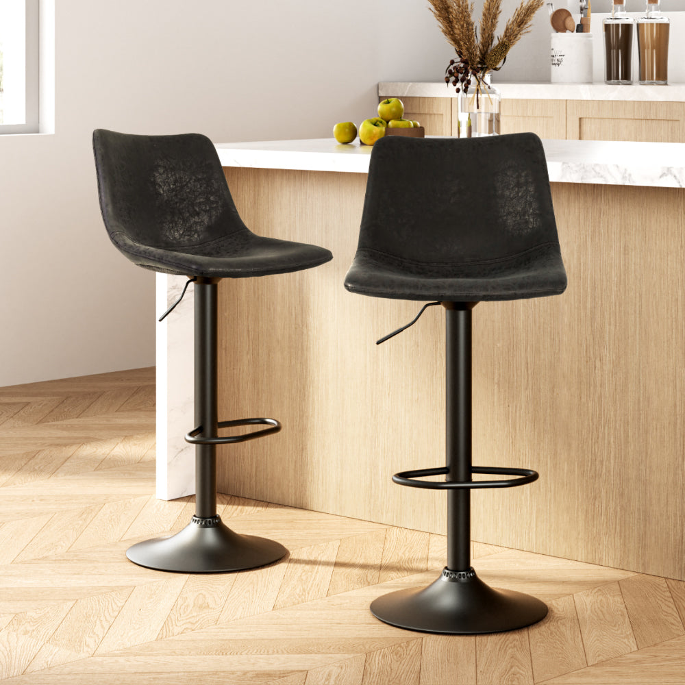 Vintage Leather Swivel Bar Stools Pair Gas Lift Black