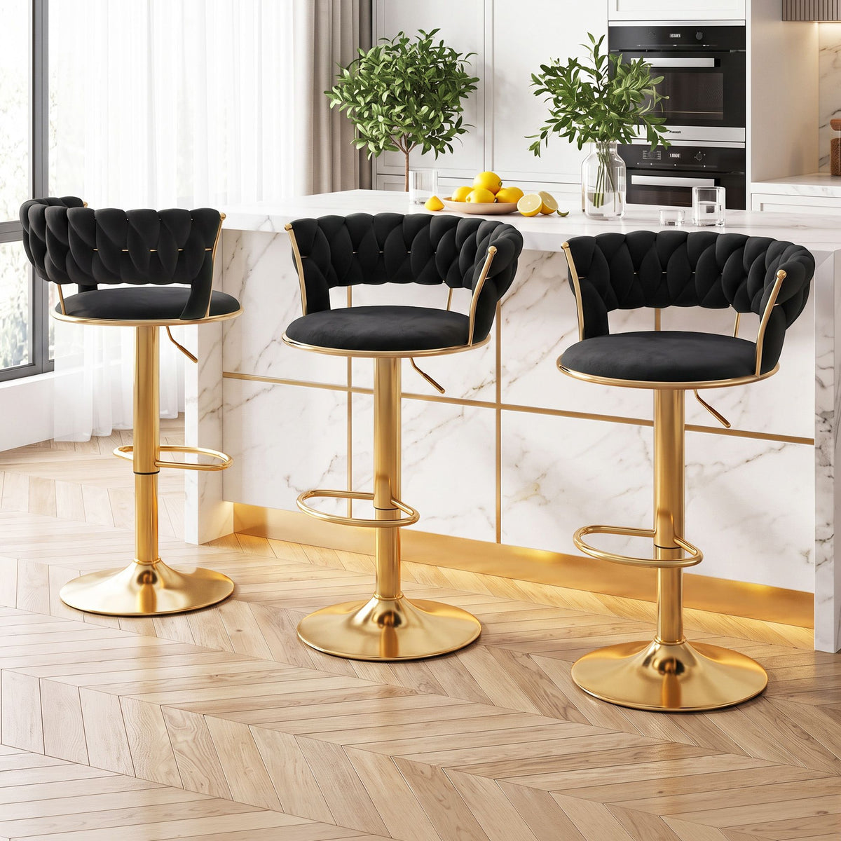 Vivien 3x Bar Stools Gas Lift Velvet Woven Backrest Black