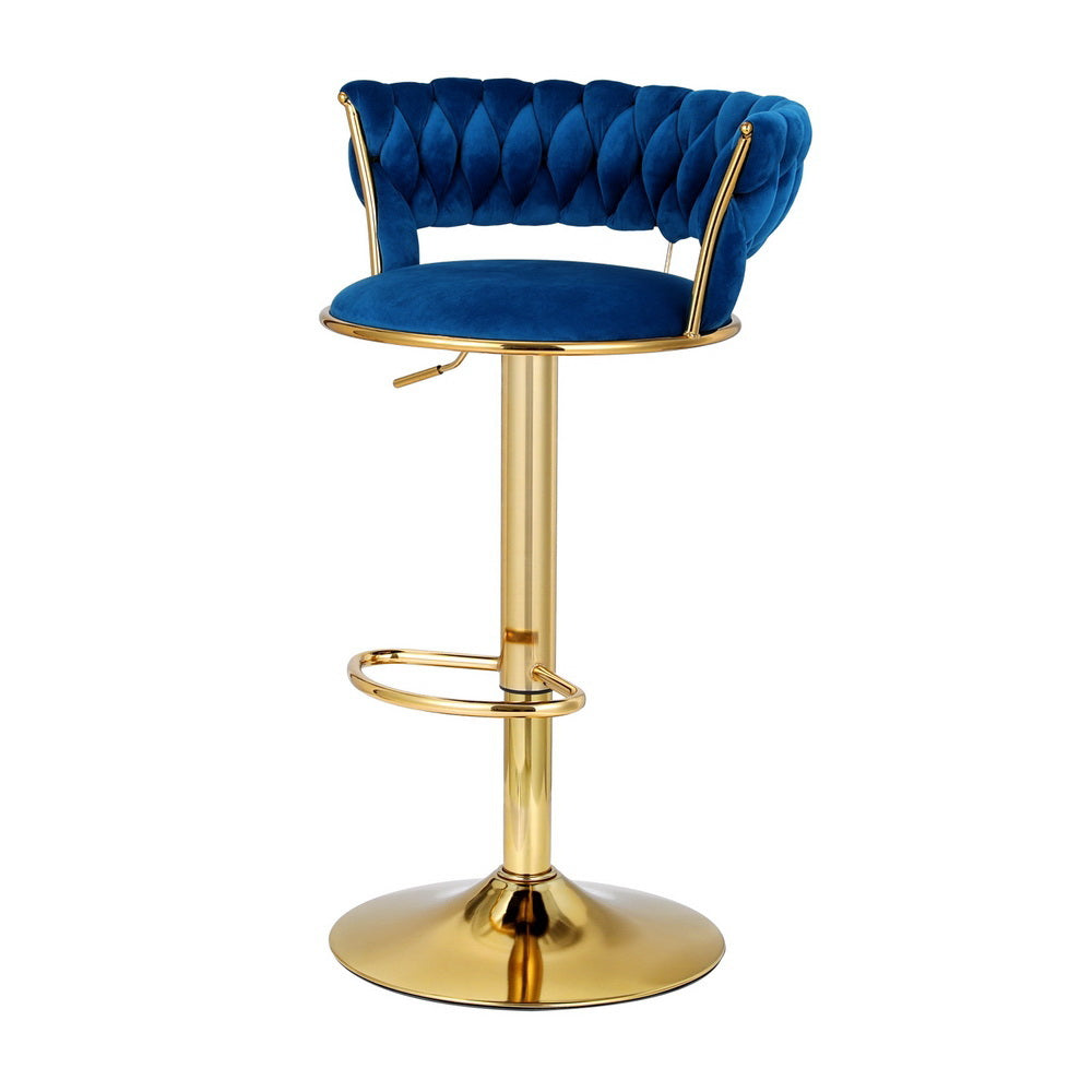Vivien 2x Gas Lift Velvet Bar Stools Woven Backrest Navy