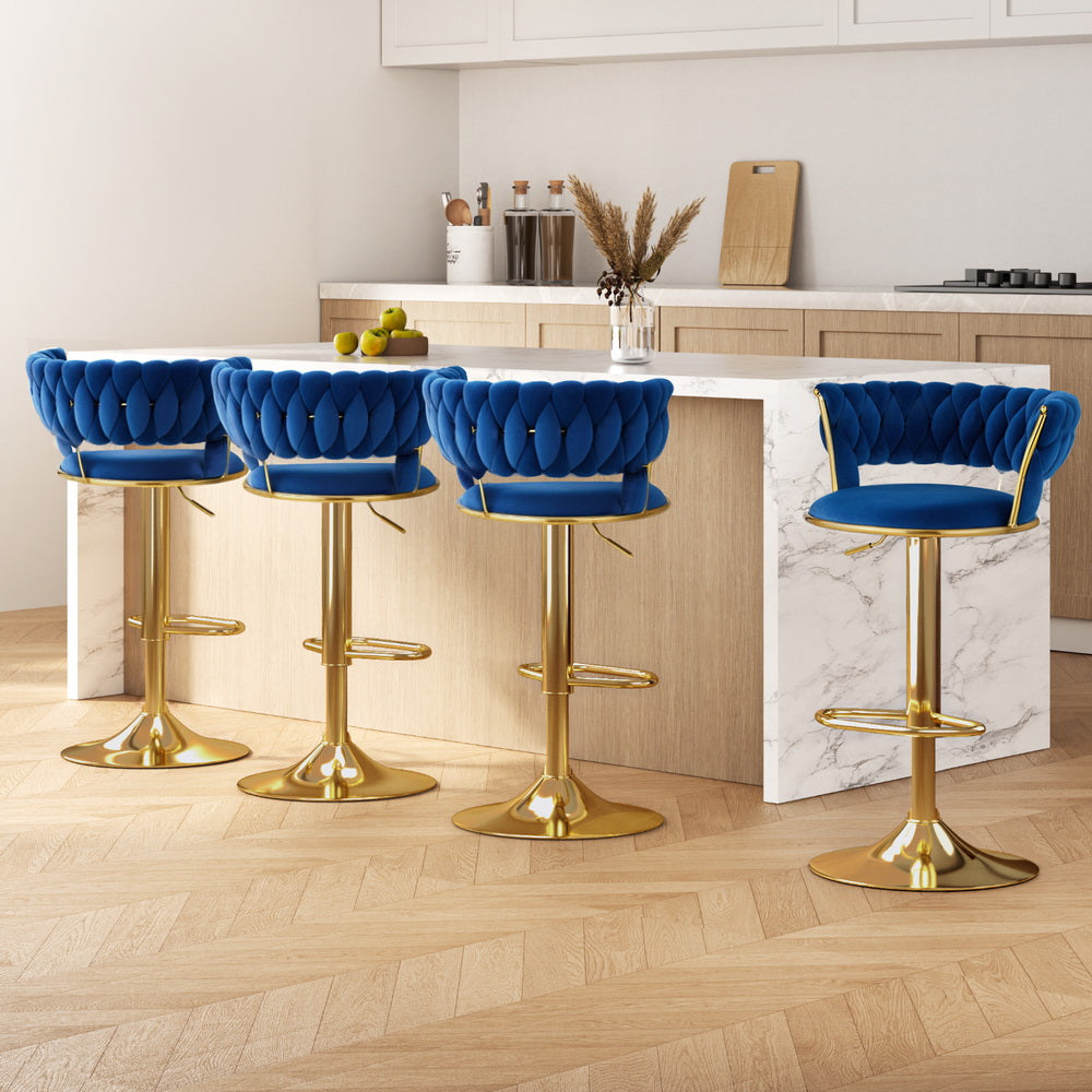 Vivien 4x Bar Stools Gas Lift Velvet Woven Backrest Navy