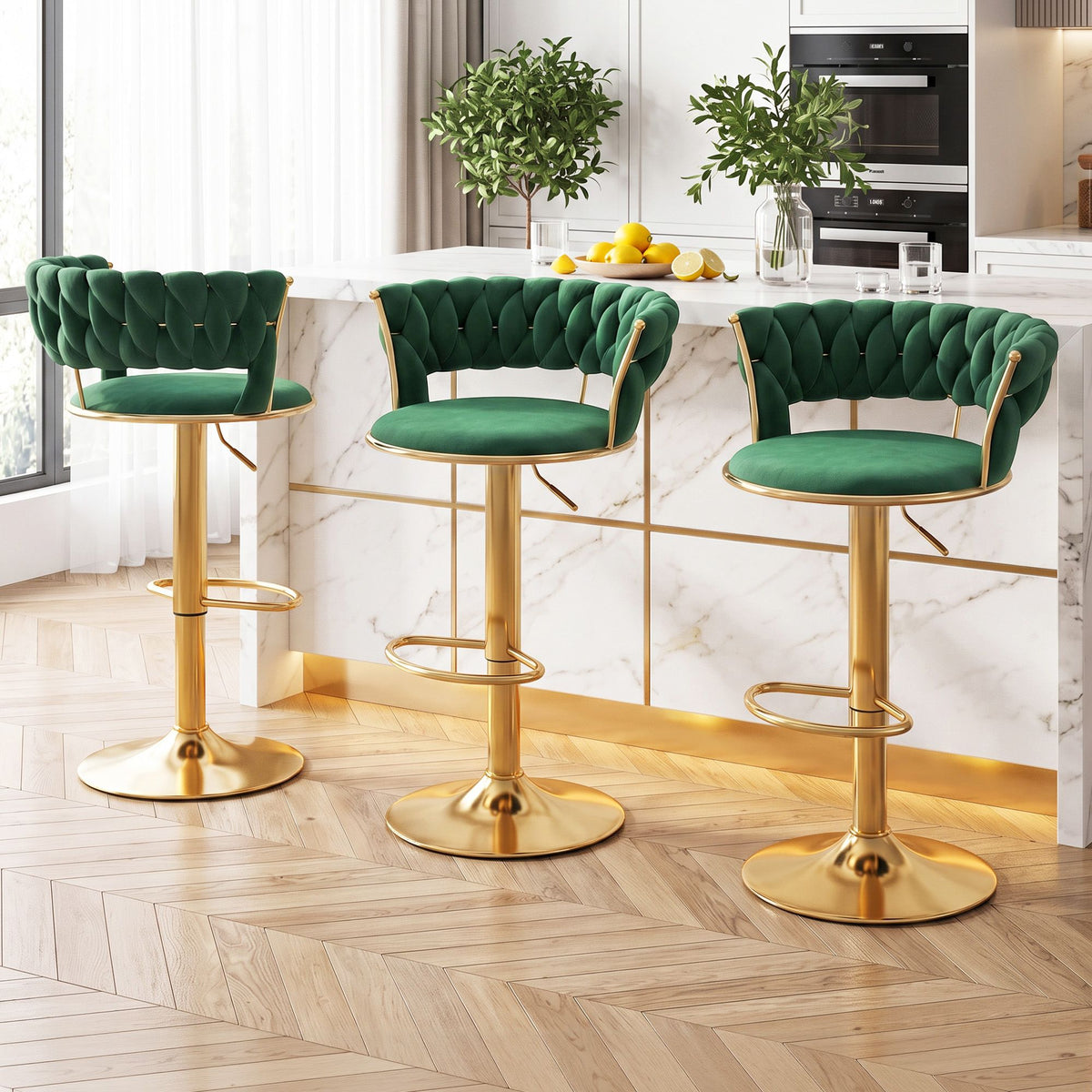 Vivien 3 Piece Velvet Bar Stool Set Gas Lift Green