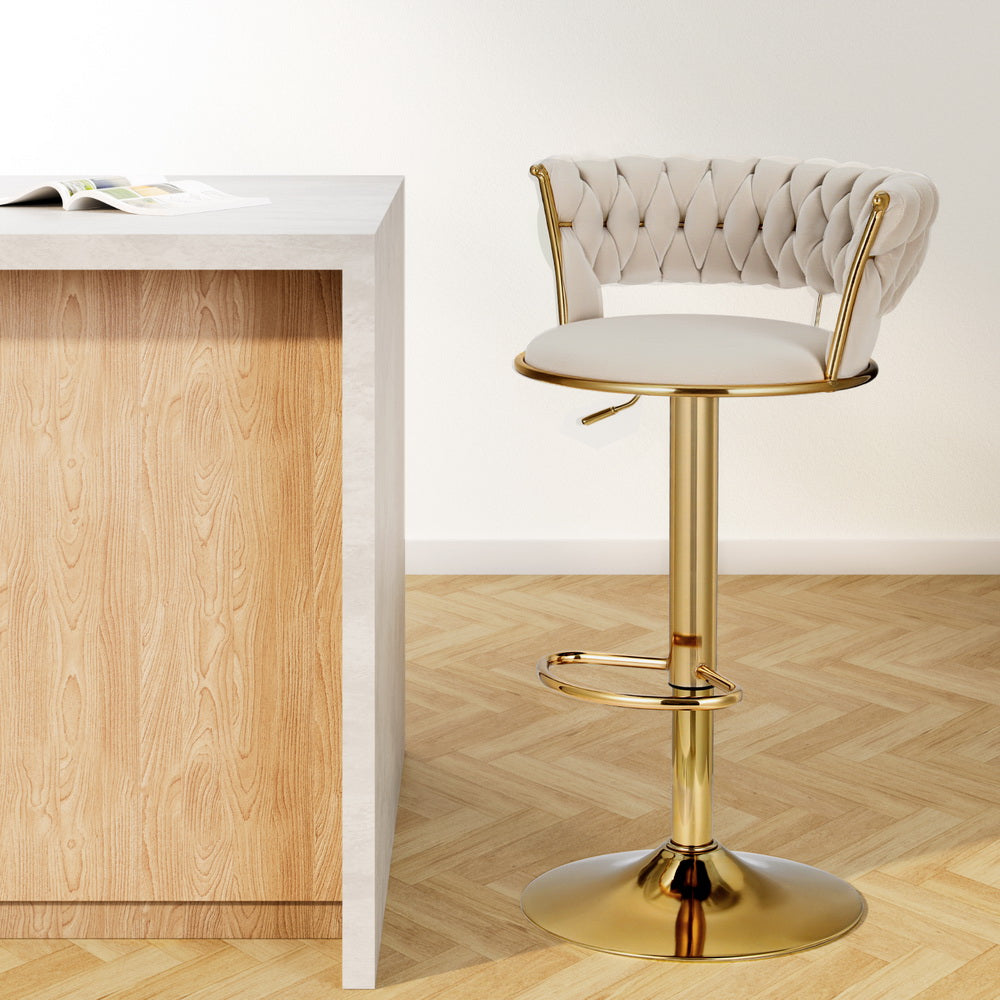 Vivien Gas Lift Velvet Bar Stool Hand-Woven Backrest Ivory