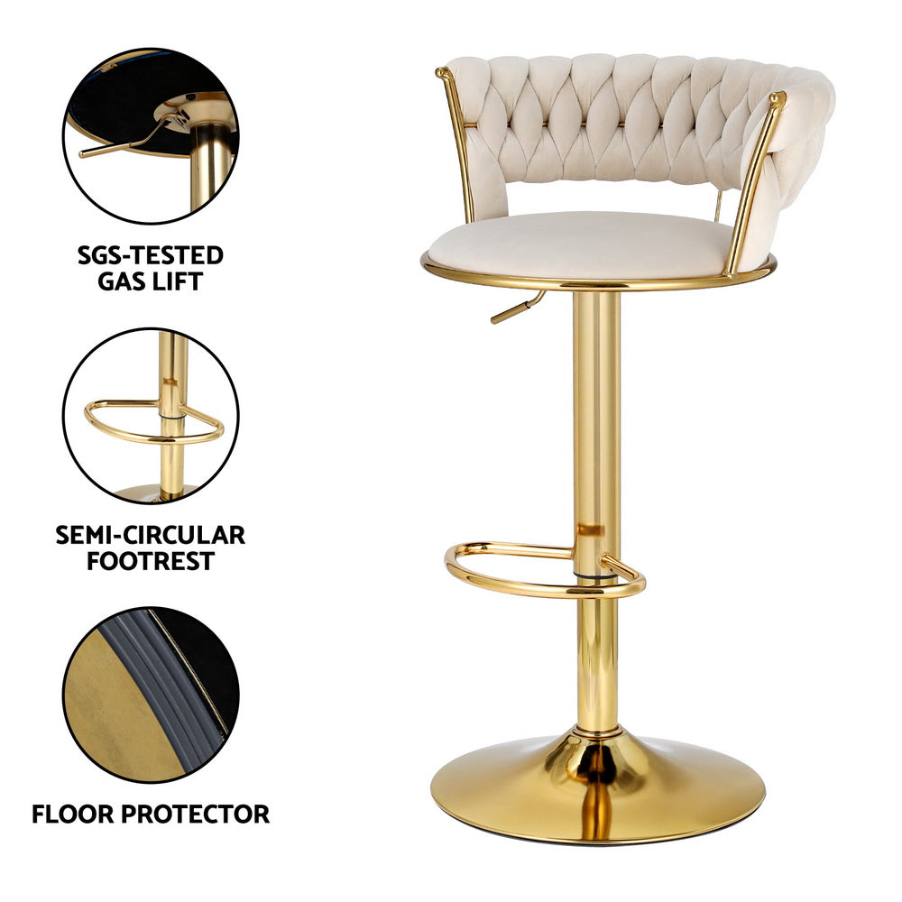 Vivien Adjustable Bar Stool Gas Lift Velvet Woven Backrest Ivory