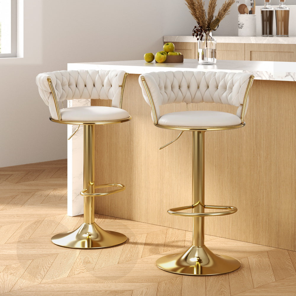 Vivien Bar Stools Pair Gas Lift Velvet Woven Backrest Ivory