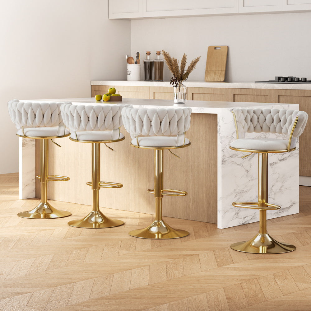 Vivien 4x Bar Stools Gas Lift Velvet Woven Backrest Ivory