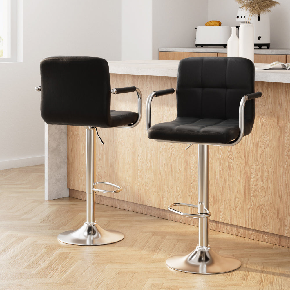 Artiss Set of 2 Bar Stools Leather Gas Lift Armrest Black