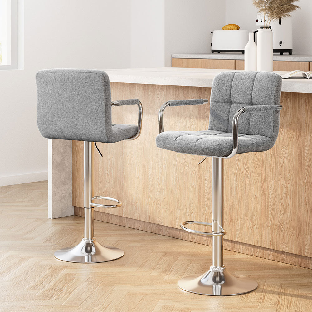 Noa 2x Bar Stools Fabric Gas Lift Armrest Grey