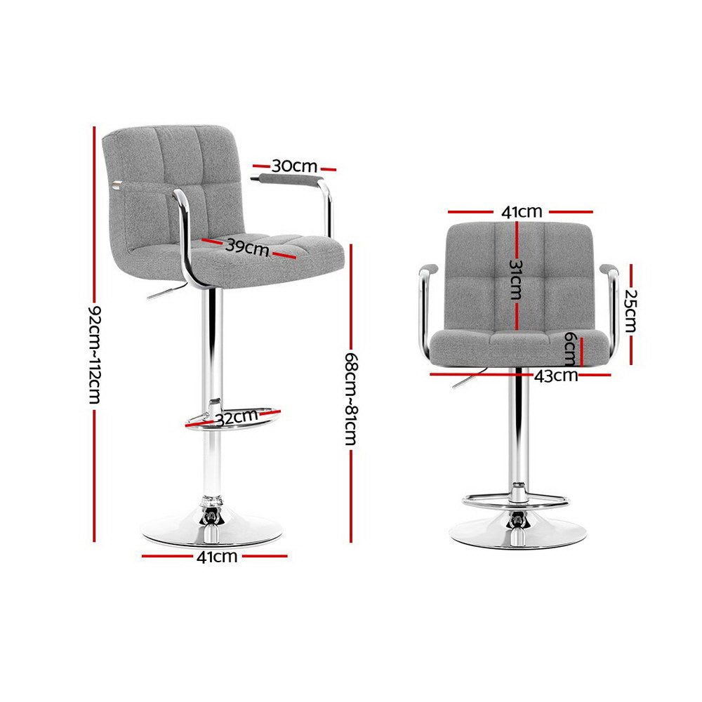 Noa 2x Bar Stools Fabric Gas Lift Armrest Grey