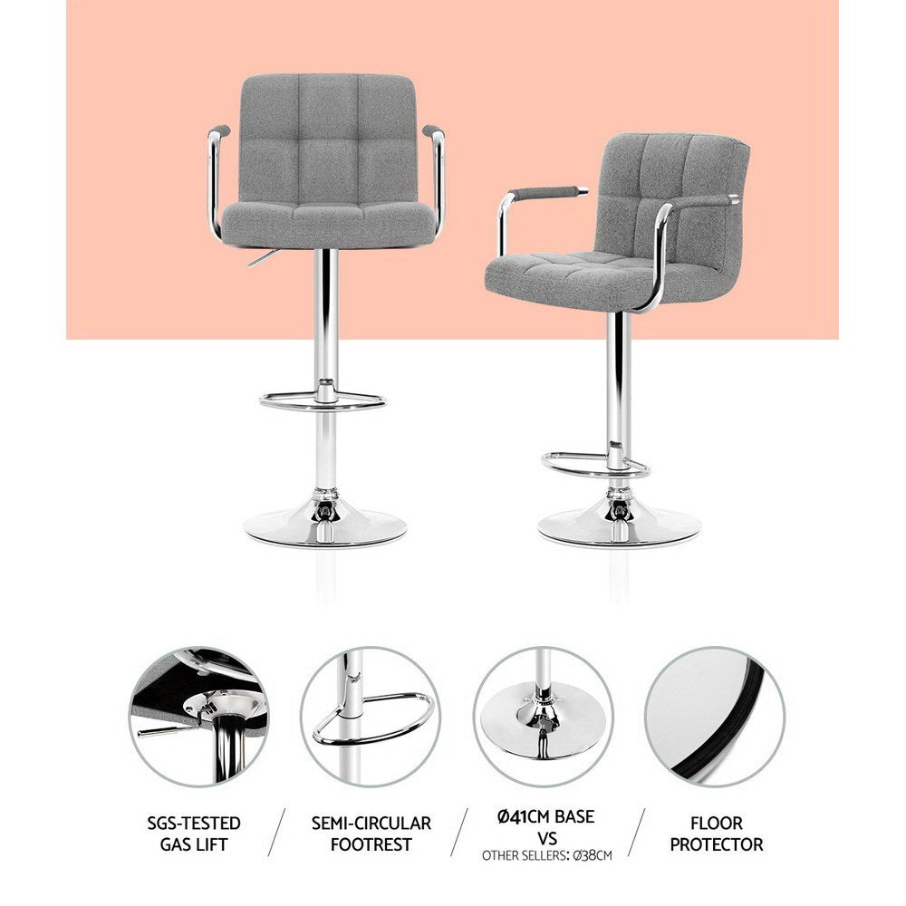 Noa 2x Bar Stools Fabric Gas Lift Armrest Grey