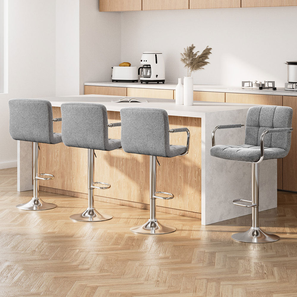 Noa Bar Stool Set of 4 Fabric Gas Lift with Armrest Grey