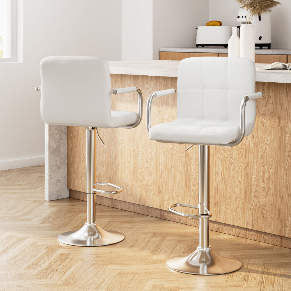 Artiss White Leather Bar Stools Gas Lift with Armrest (Set of 2)