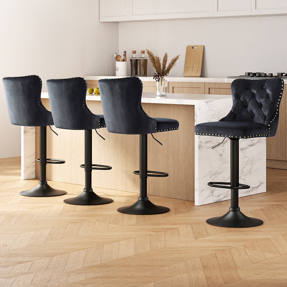 Artiss Velvet Bar Stool Set of 4 Adjustable Height Nailhead Trim Black