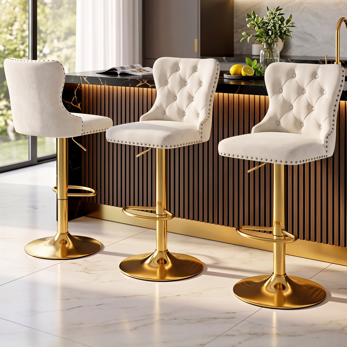 Artiss Set of 3 Velvet Bar Stools Adjustable Counter Chair Ivory