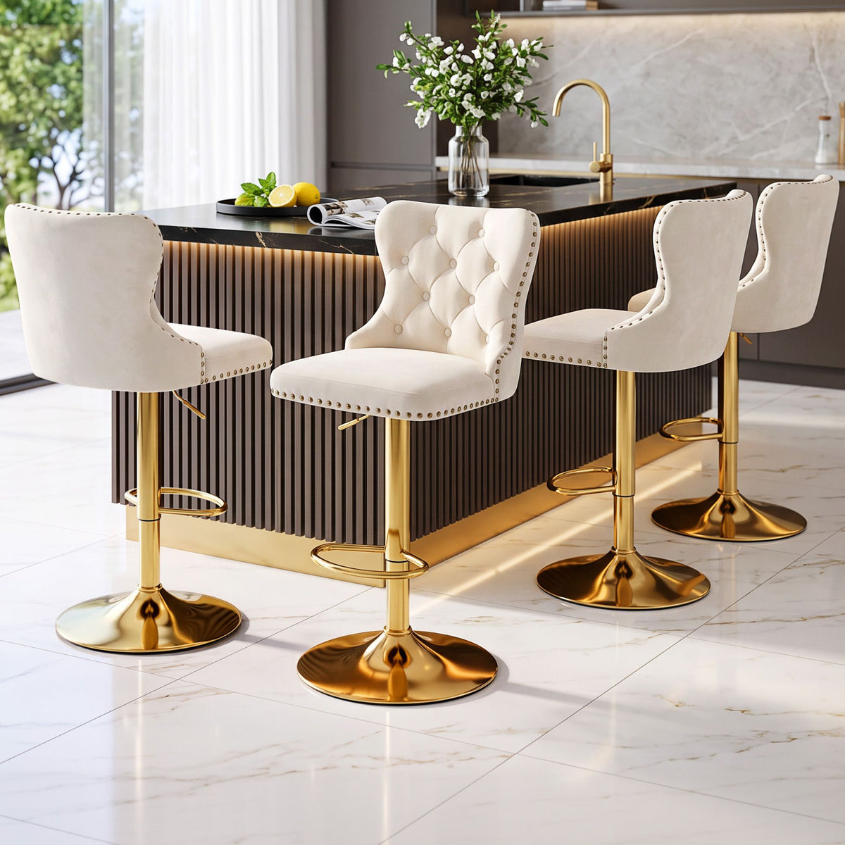Artiss Velvet Bar Stools Adjustable Counter Chair Ivory