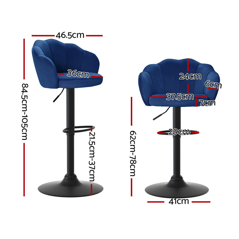 Nessah 4x Bar Stools Velvet Gas Lift Blue