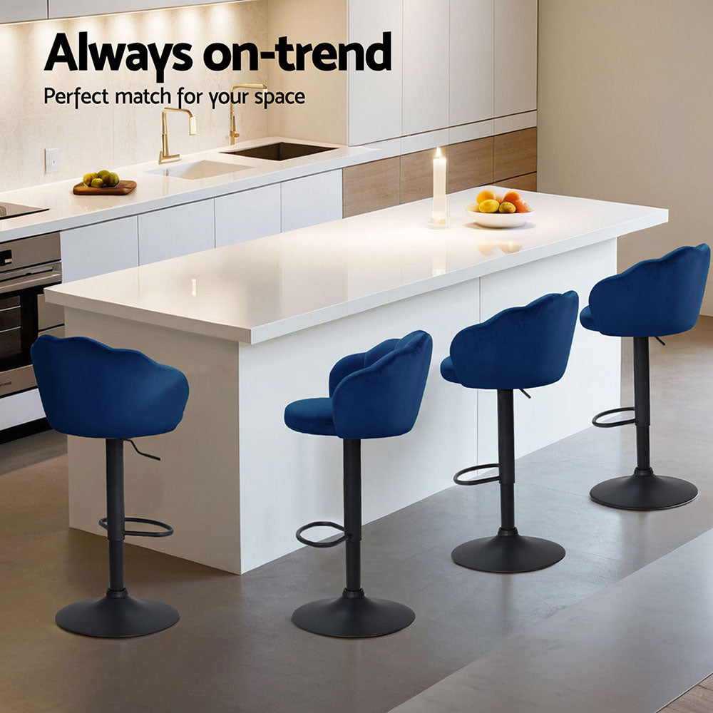 Nessah 4x Bar Stools Velvet Gas Lift Blue