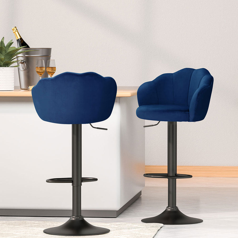 Nessah 4x Bar Stools Velvet Gas Lift Blue