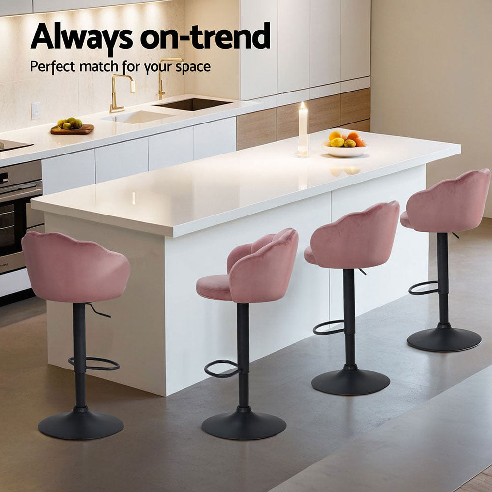 Nessah 4x Velvet Bar Stools Gas Lift Pink