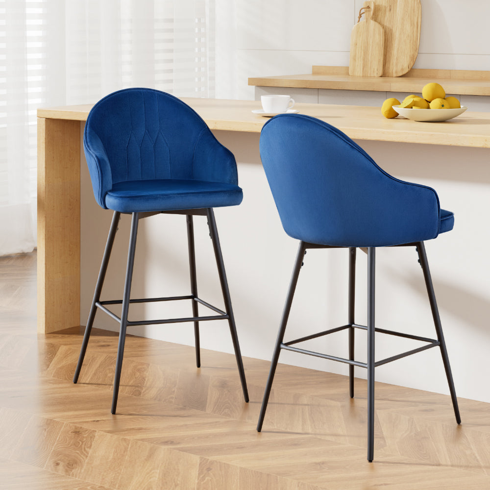 Mesial Velvet Swivel Bar Stools Blue Metal Legs (Set of 2)