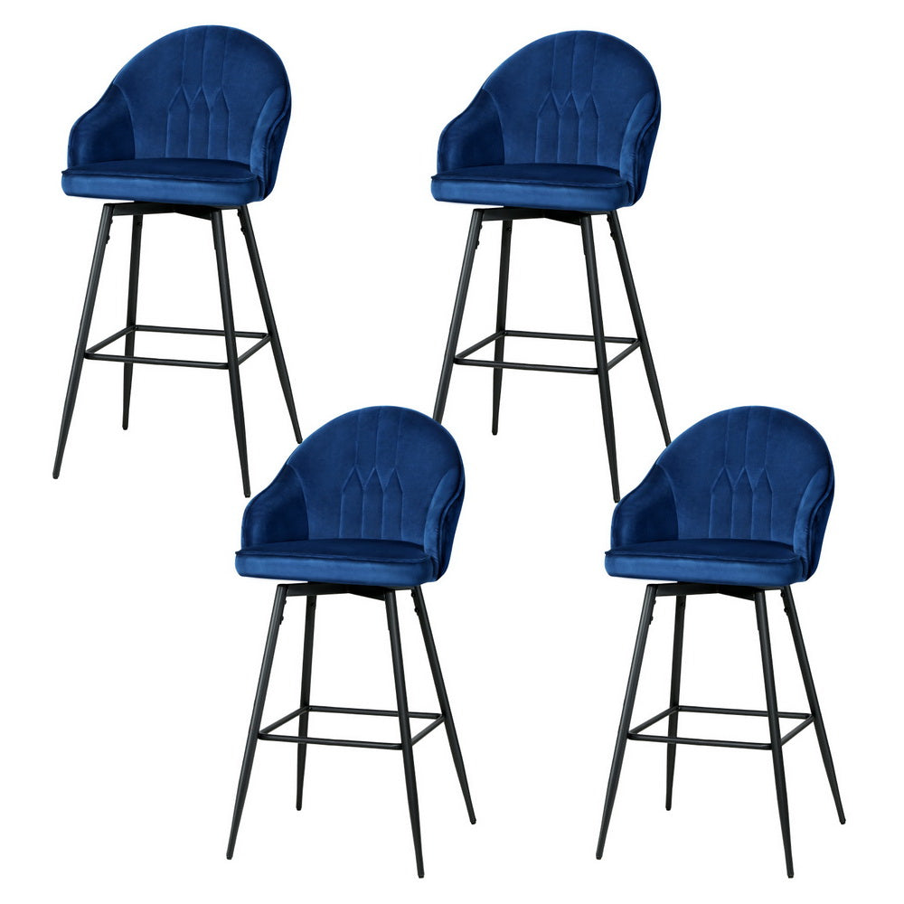Mesial 4x Velvet Swivel Bar Stools Blue Metal Legs