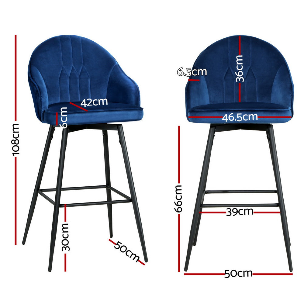 Mesial 4x Velvet Swivel Bar Stools Blue Metal Legs