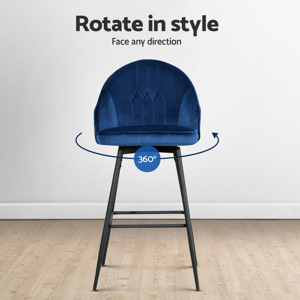 Mesial 4x Velvet Swivel Bar Stools Blue Metal Legs
