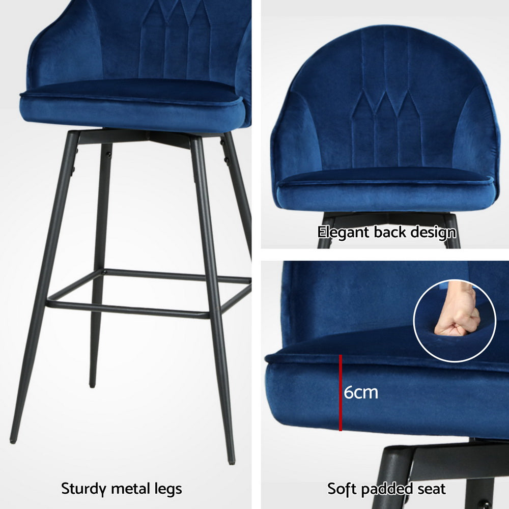 Mesial 4x Velvet Swivel Bar Stools Blue Metal Legs