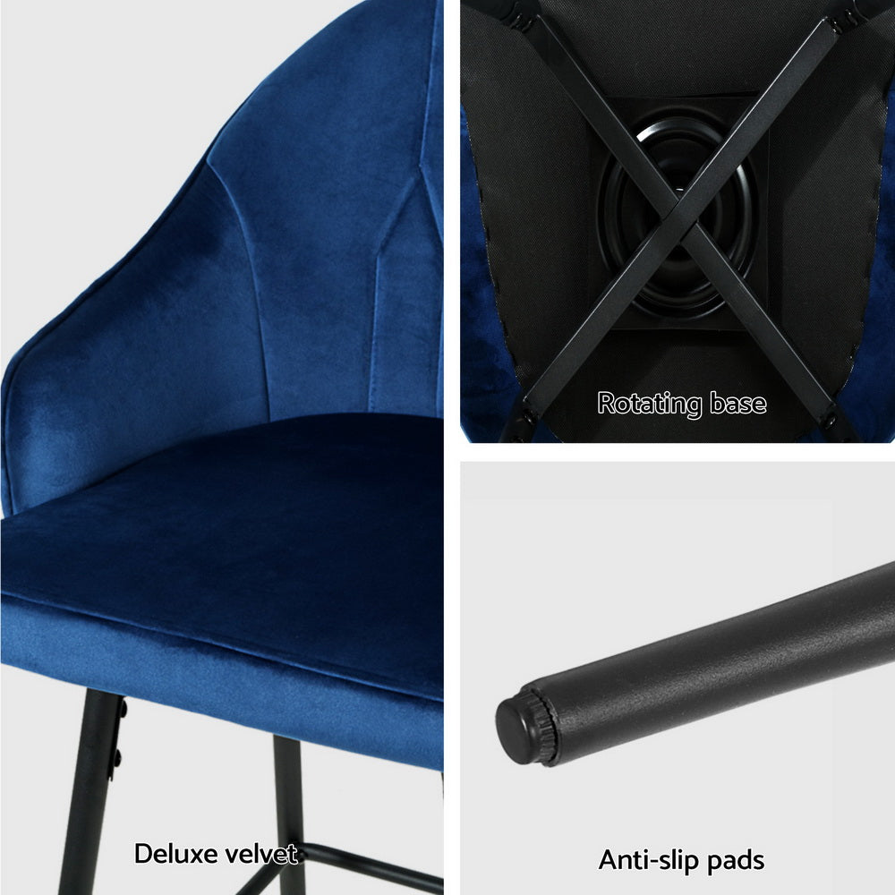 Mesial 4x Velvet Swivel Bar Stools Blue Metal Legs