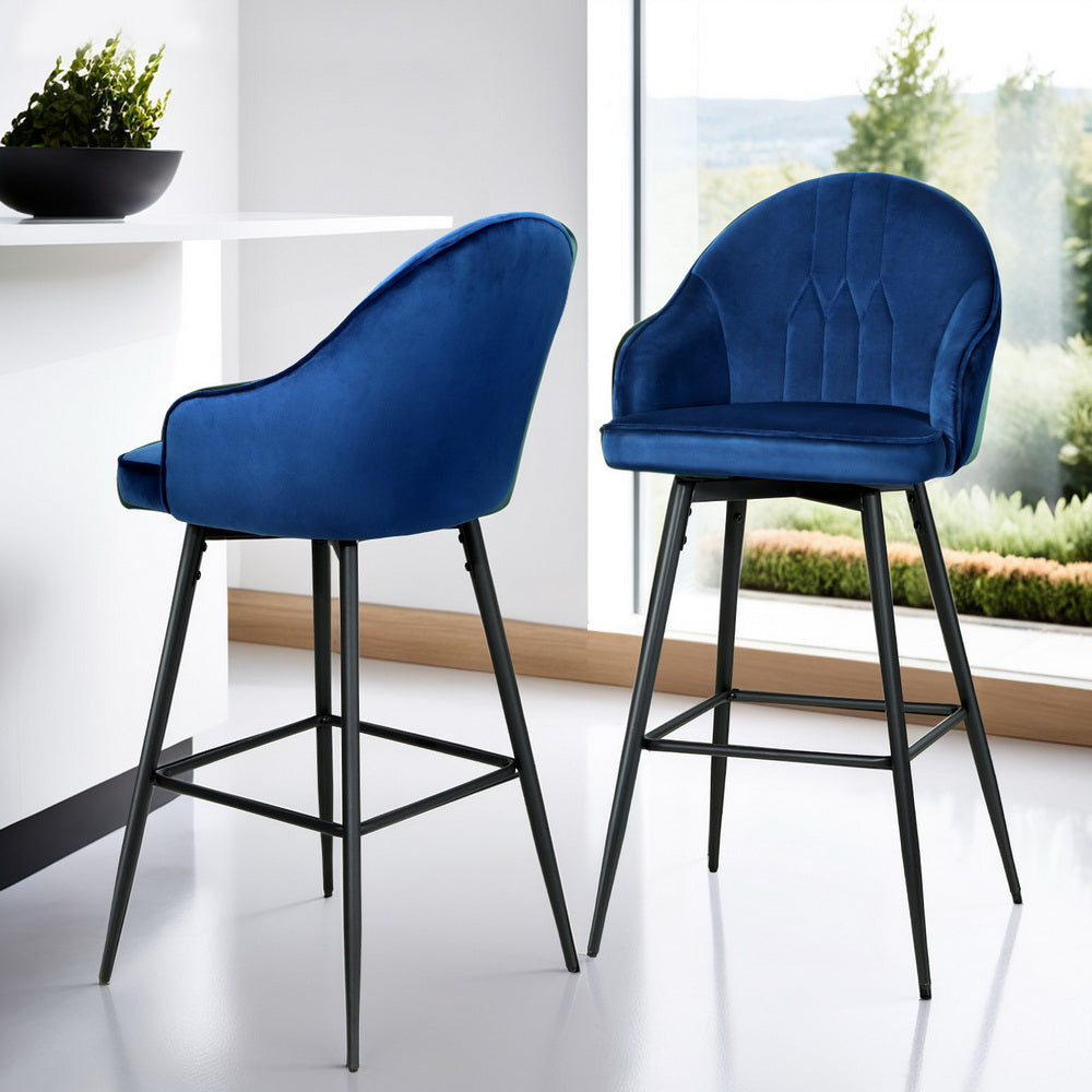 Mesial 4x Velvet Swivel Bar Stools Blue Metal Legs
